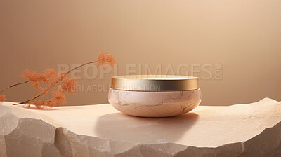 Buy stock photo Modern skin moisturiser jar with rock texture. Eco friendly or recycled product