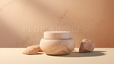 Buy stock photo Modern skin moisturiser jar with rock texture. Eco friendly or recycled product