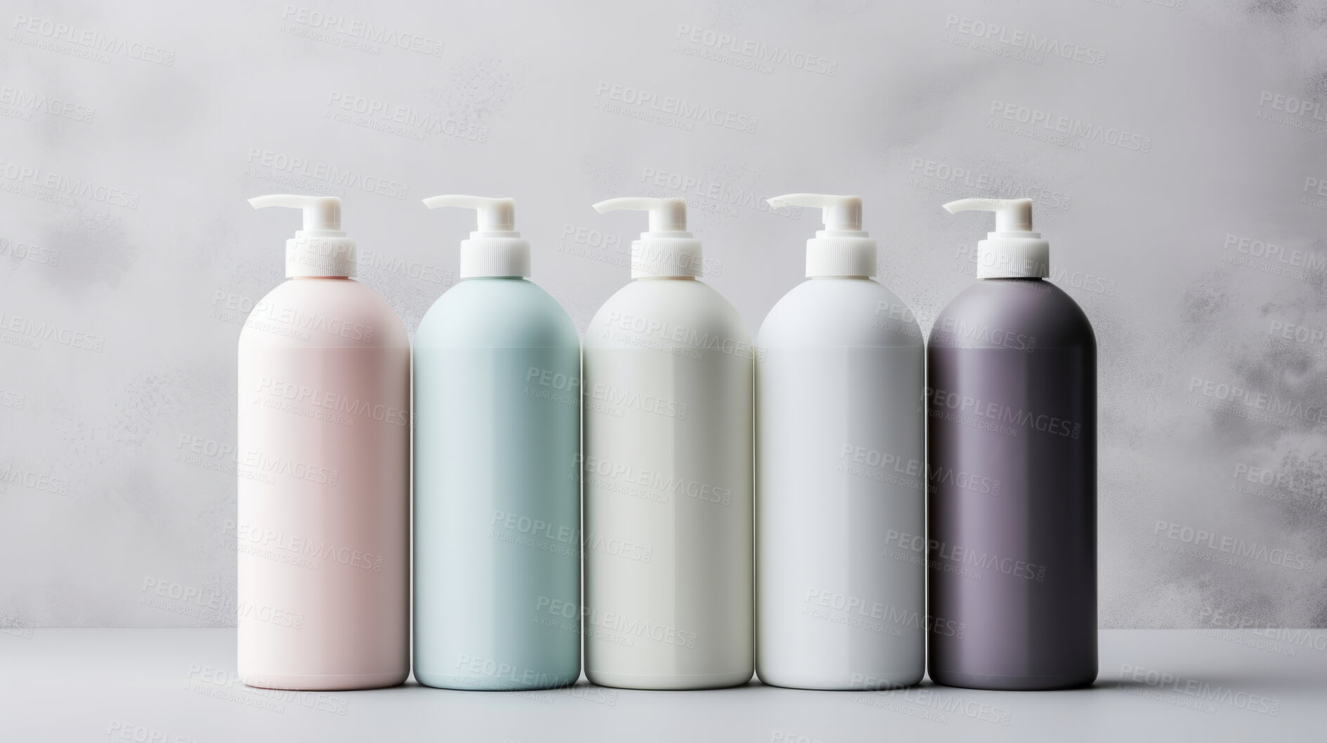Buy stock photo Plastic hand-wash or shampoo bottles. Blank empty colorful bottles for branding