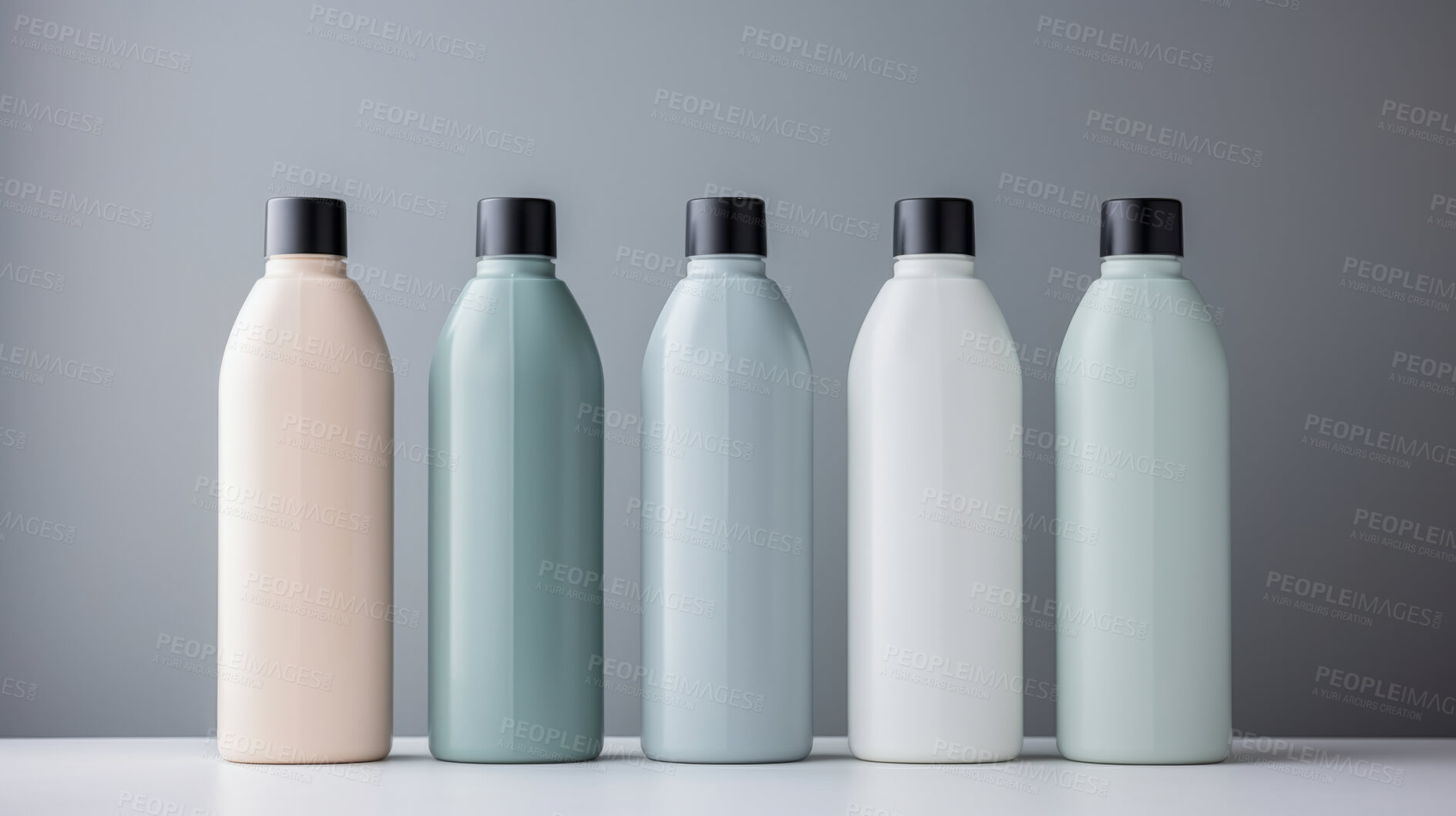 Buy stock photo Plastic hand-wash or shampoo bottles. Blank empty colorful bottles for branding