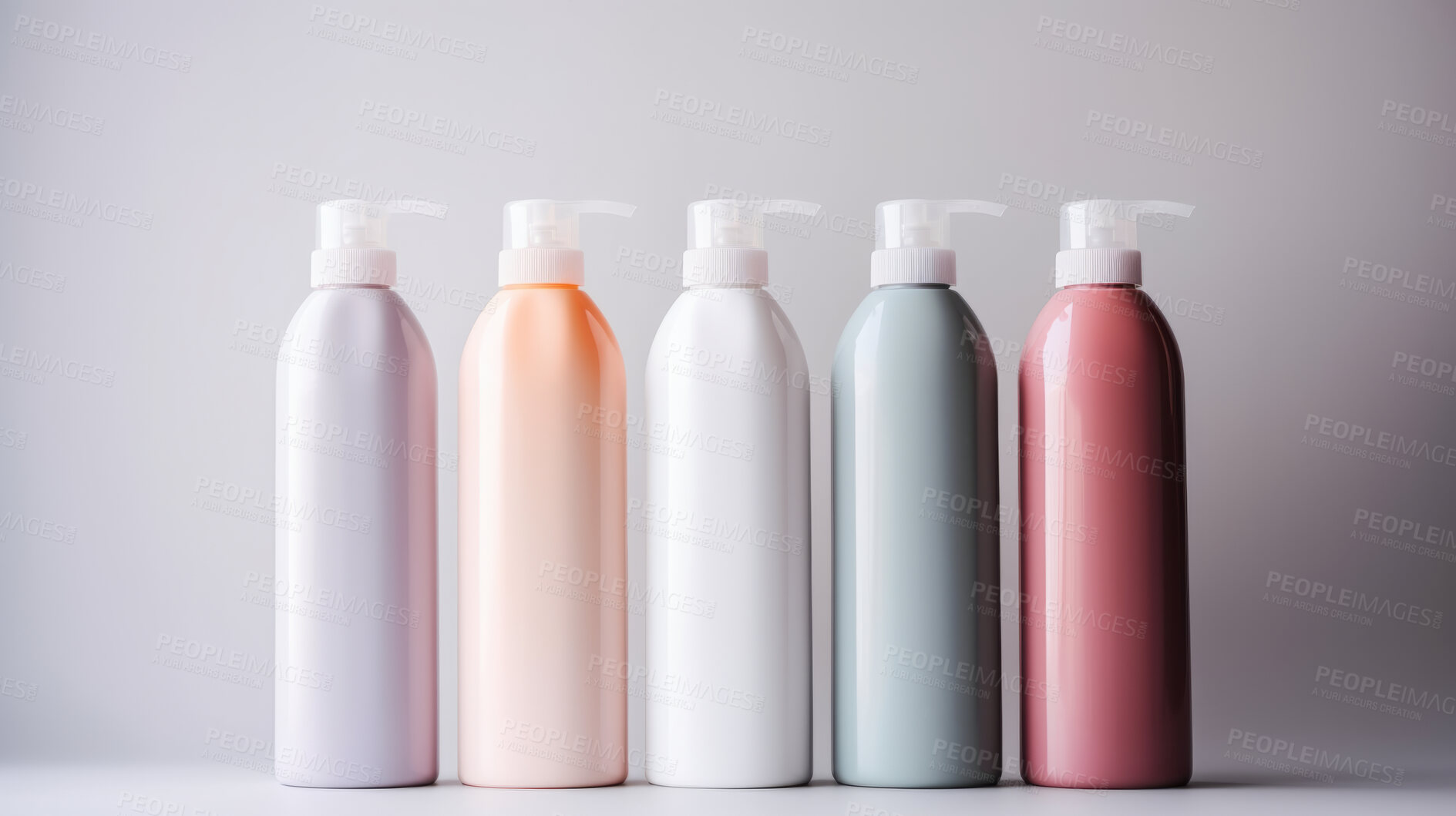 Buy stock photo Plastic hand-wash or shampoo bottles. Blank empty colorful bottles for branding