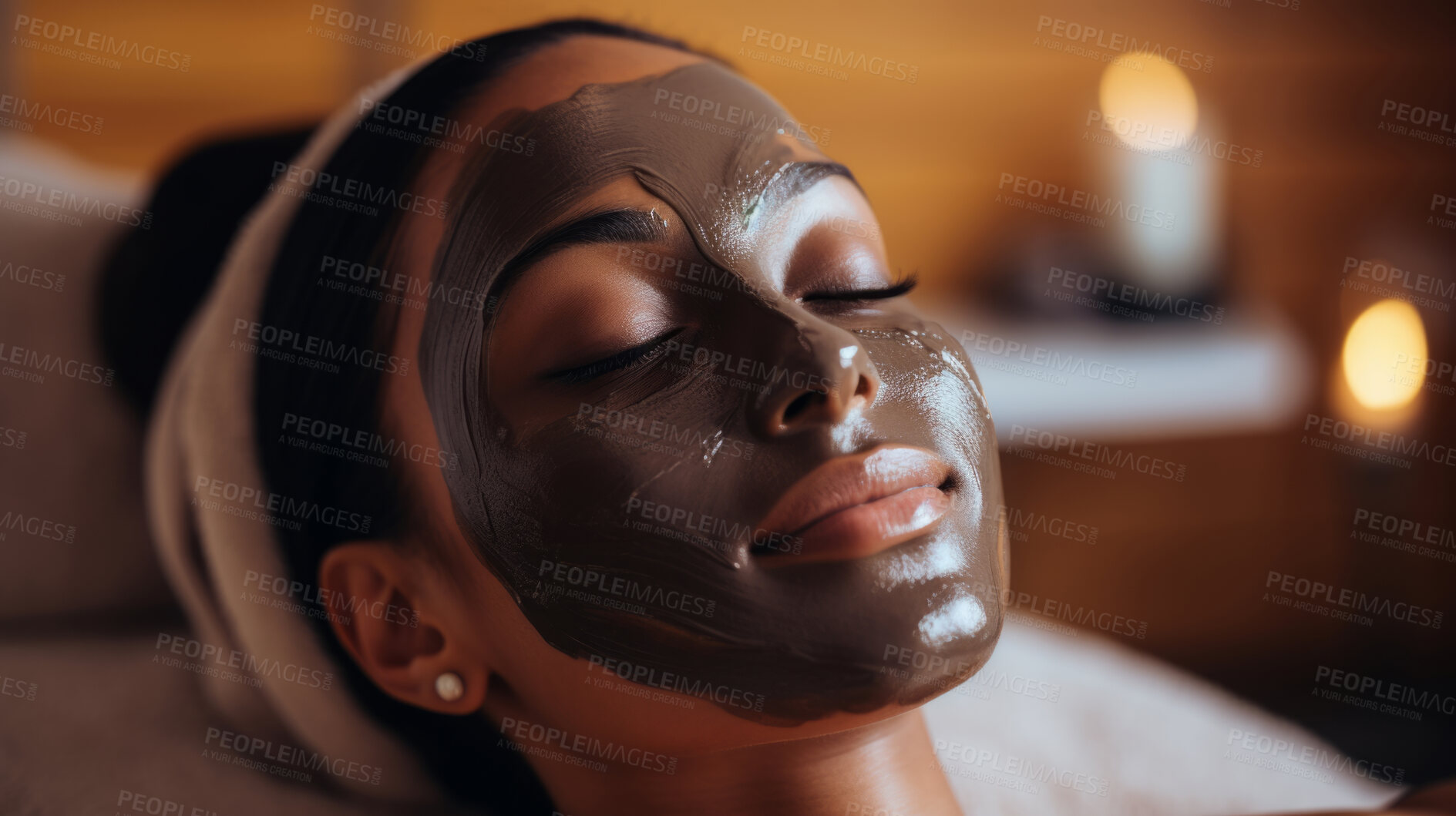 Buy stock photo Woman wearing mask on face in spa beauty salon. Relaxed woman, skin beauty treatment