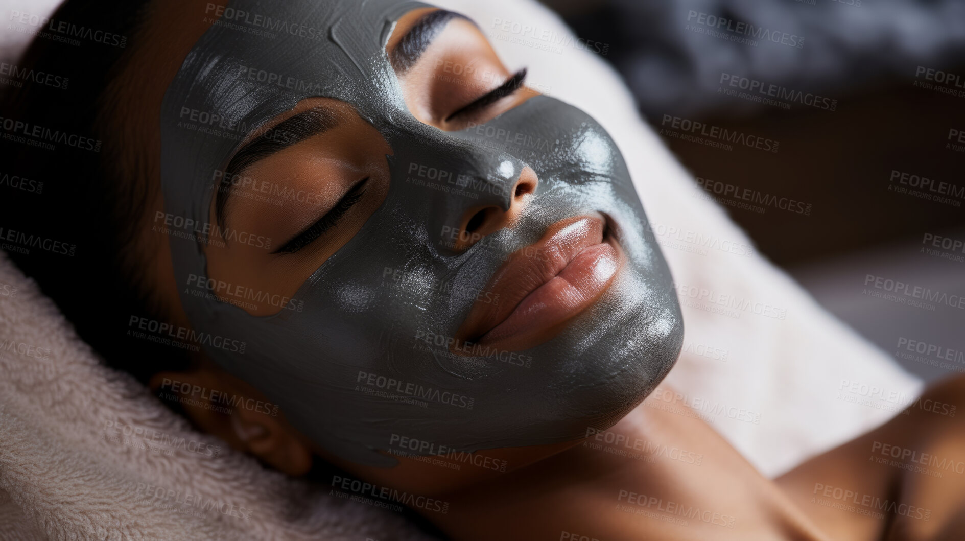 Buy stock photo Woman wearing mask on face in spa beauty salon. Relaxed woman, skin beauty treatment