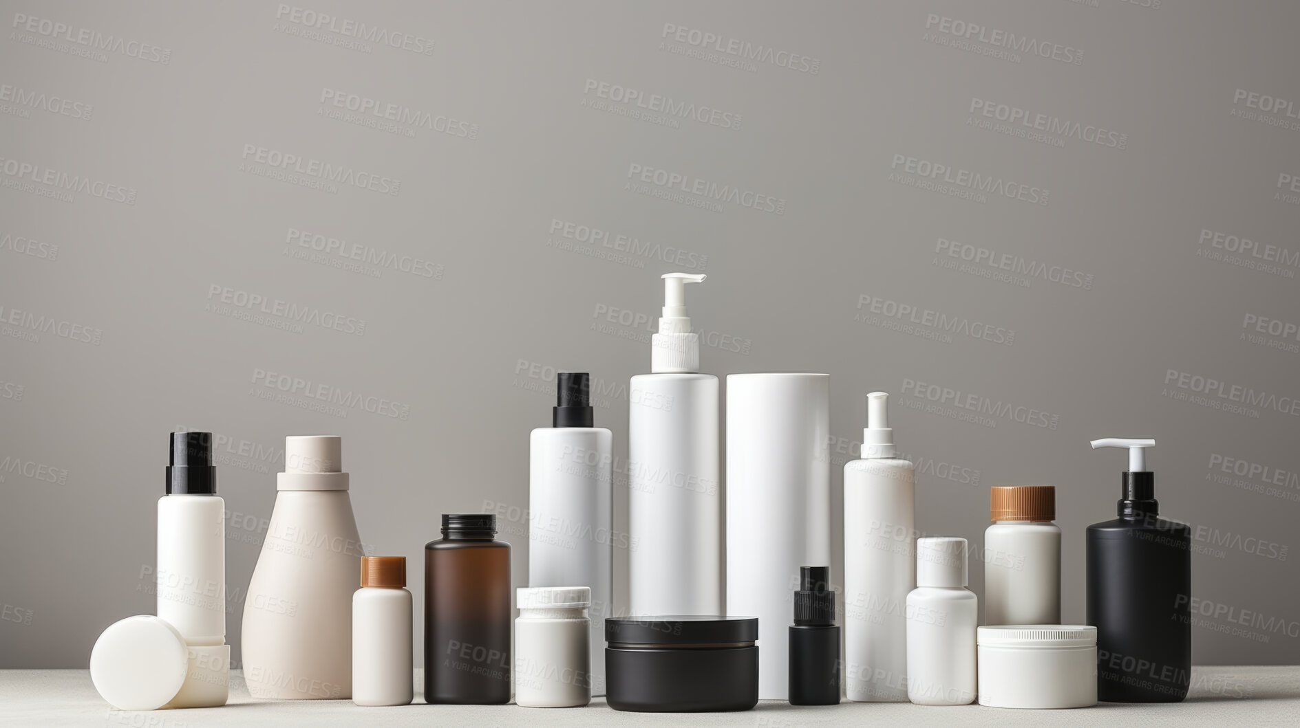 Buy stock photo Various beauty product containers, for hygiene, health and skin care, grey background