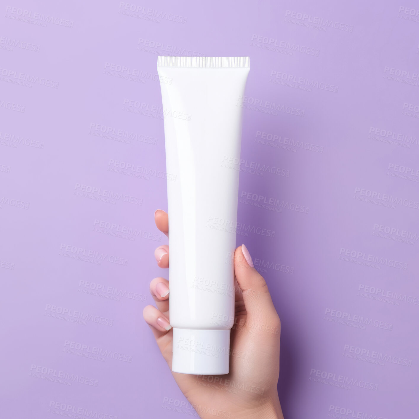 Buy stock photo Close up of hand holding tube cosmetic product. Skincare hygiene moisturiser