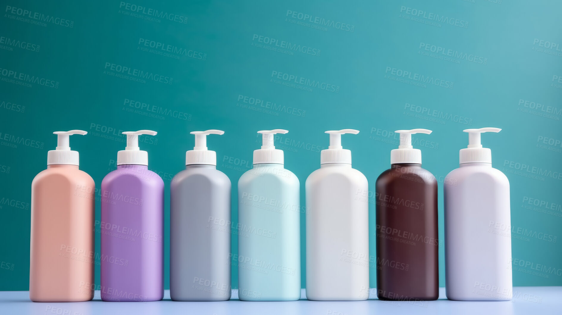 Buy stock photo Plastic hand-wash or shampoo bottles. Blank empty colorful bottles for branding