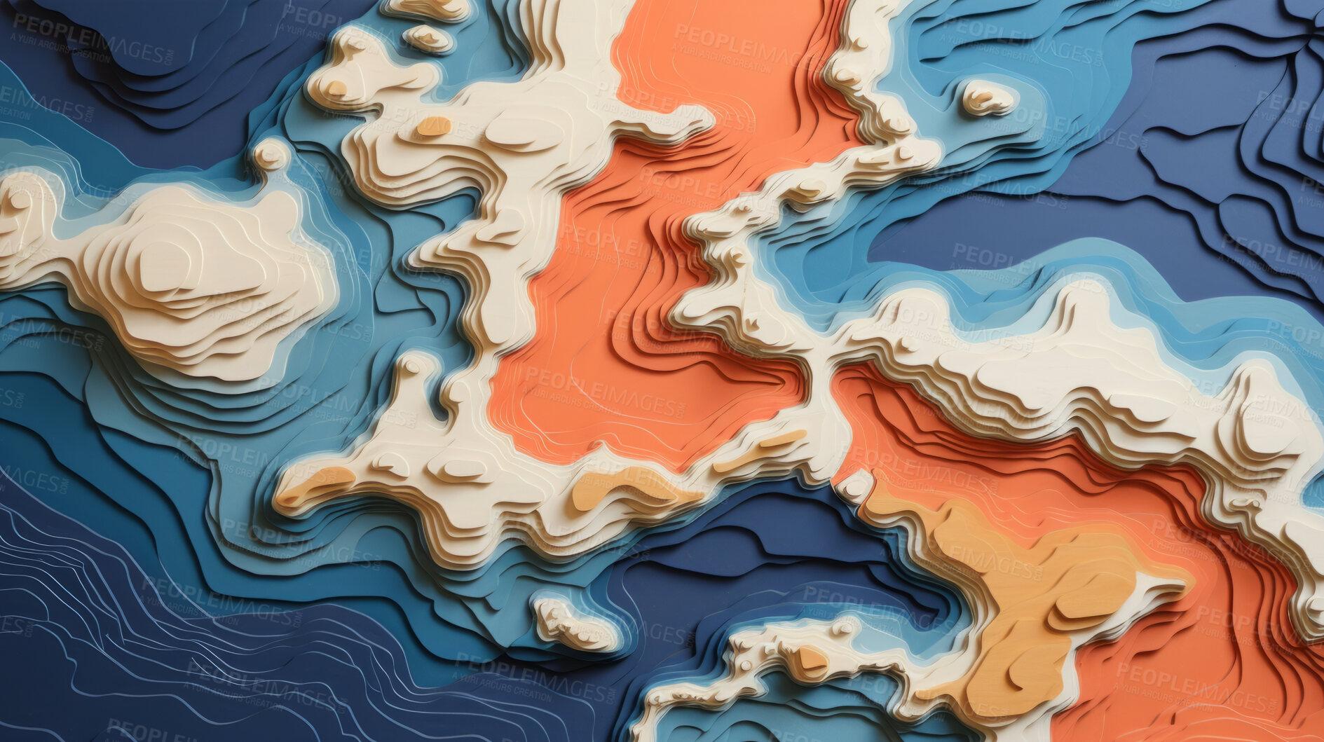 Buy stock photo Abstract topographic map landscape. Paper cutout style of mountain and river