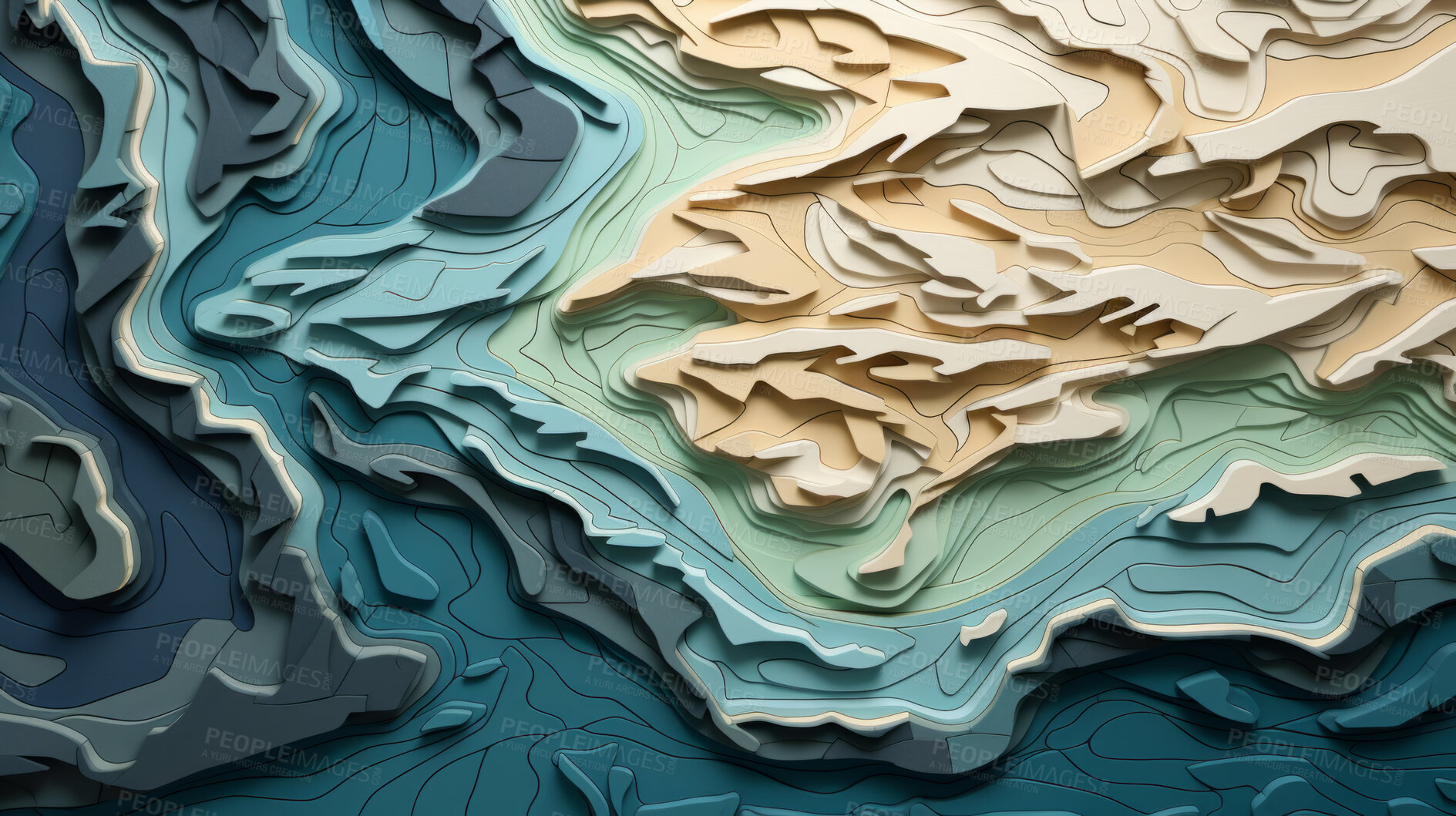 Buy stock photo Abstract topographic map landscape. Paper cutout style of mountain and river