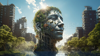 Buy stock photo Head sculpture covered in plants. Sustainability, green energy and eco friendly concept