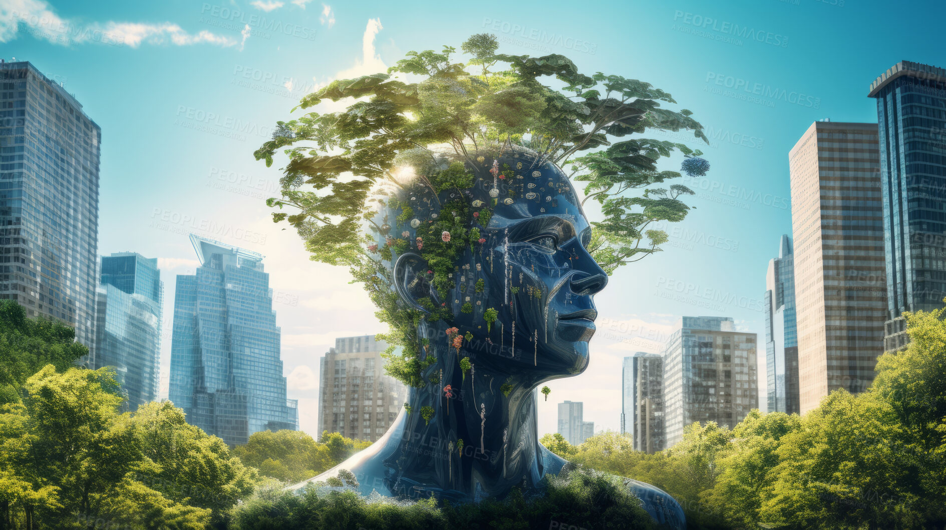 Buy stock photo Head sculpture covered in plants. Sustainability, green energy and eco friendly concept