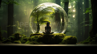 Buy stock photo Meditation in a glass ball or sphere of consciousness in nature. Mental health concept