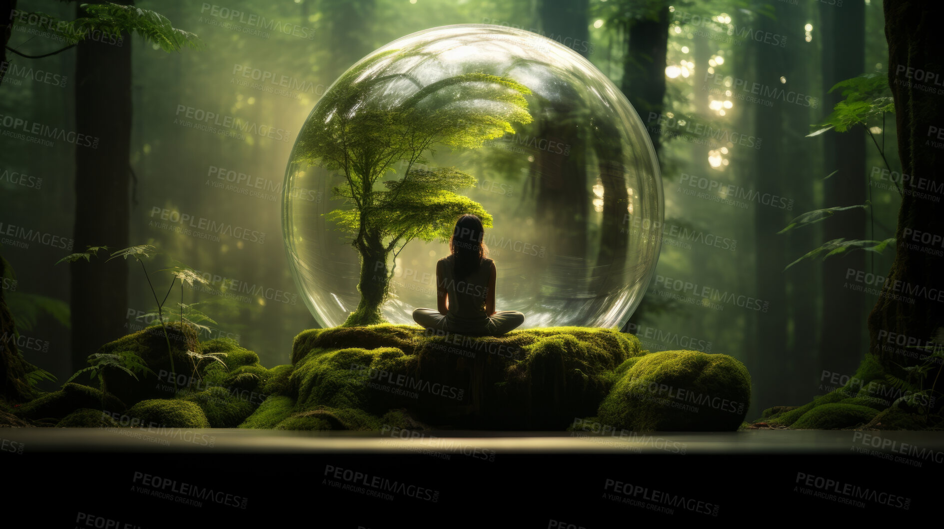 Buy stock photo Meditation in a glass ball or sphere of consciousness in nature. Mental health concept