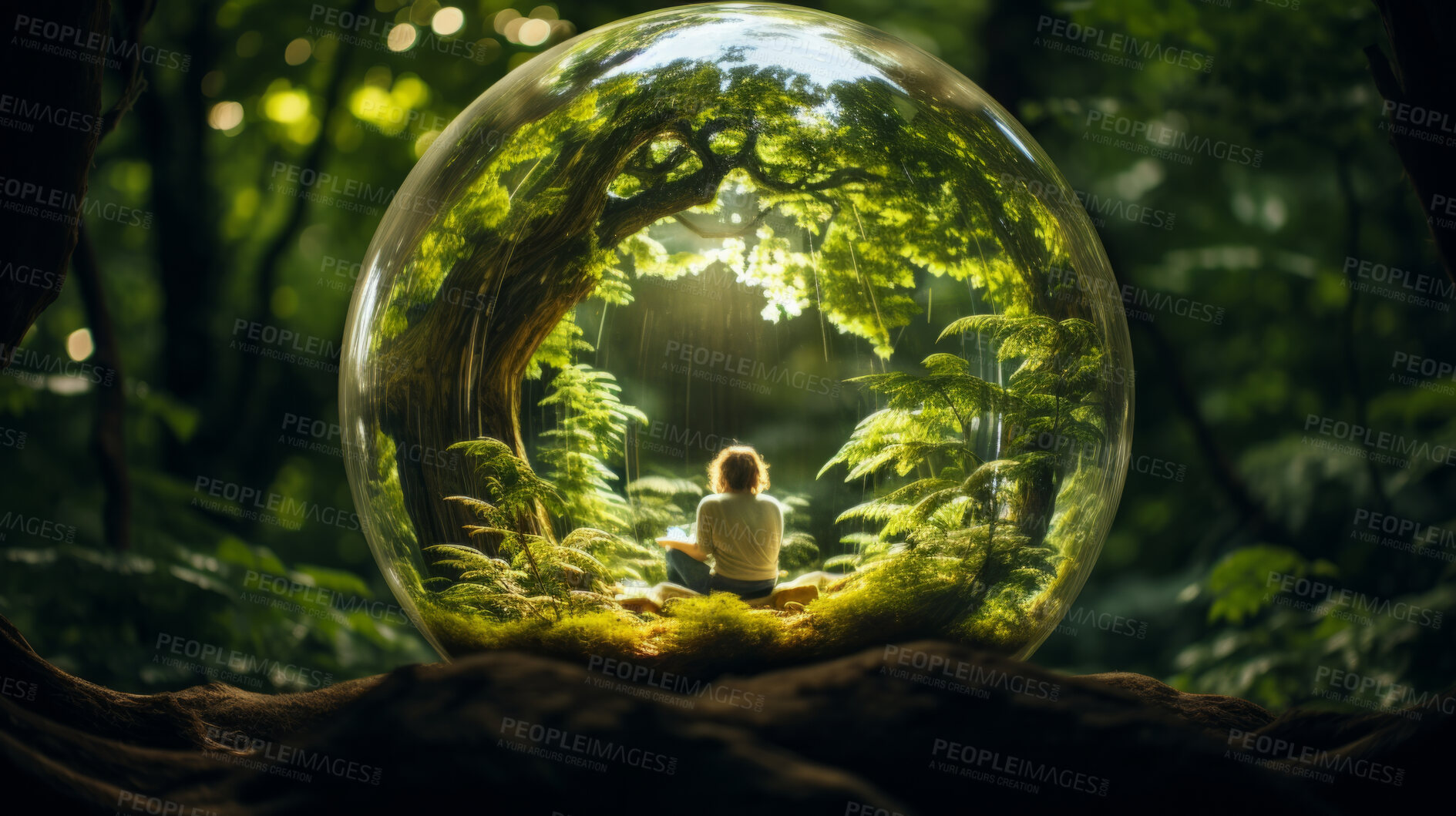 Buy stock photo Meditation in a glass ball or sphere of consciousness in nature. Mental health concept