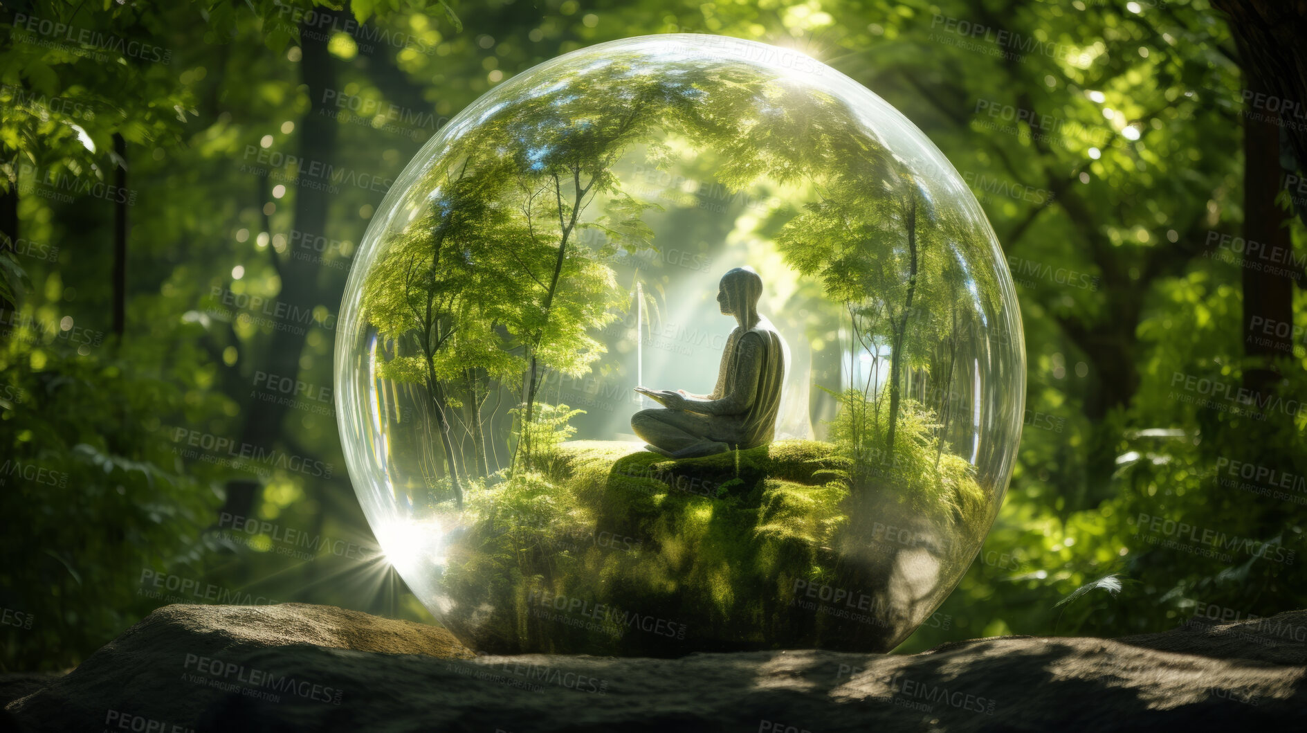 Buy stock photo Meditation in a glass ball or sphere of consciousness in nature. Mental health concept