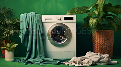 Buy stock photo Washing or laundry machine against a green background. Eco friendly product concept