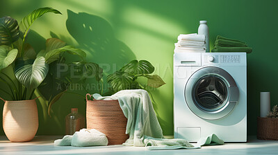 Buy stock photo Washing or laundry machine against a green background. Eco friendly product concept