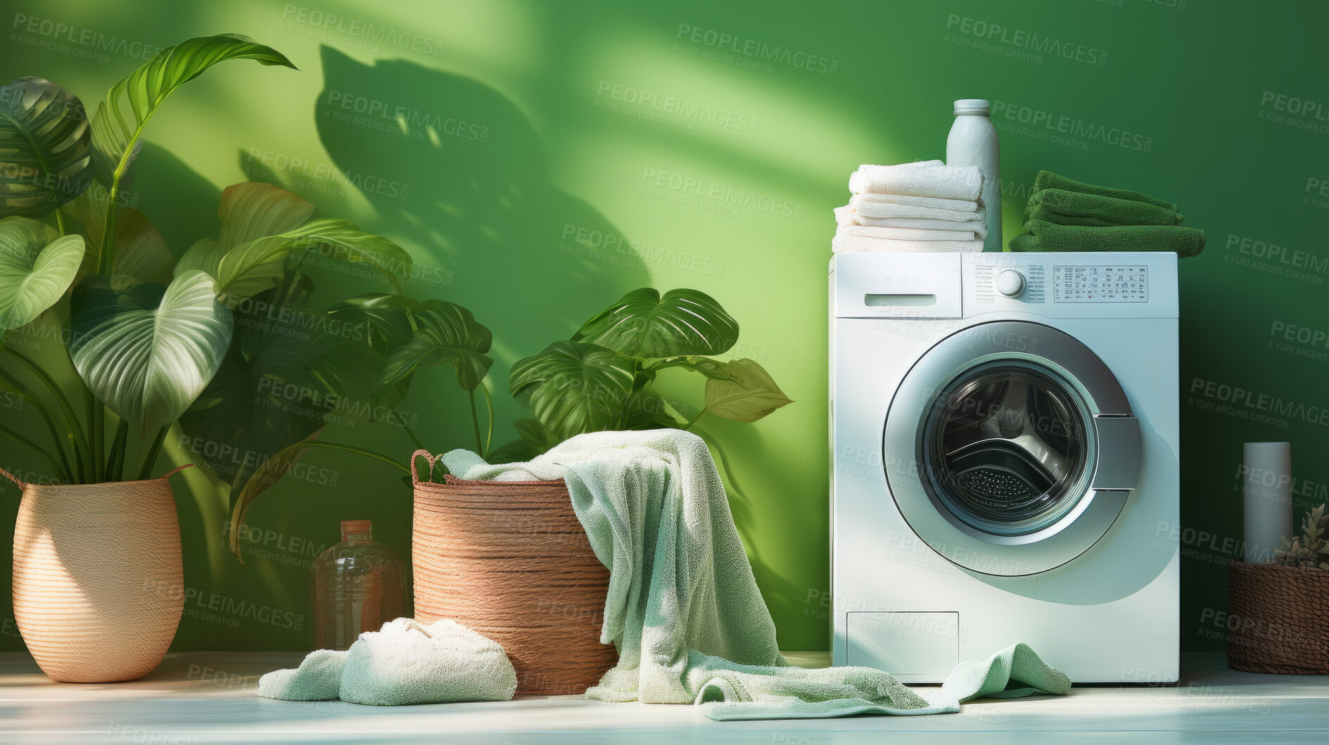 Buy stock photo Washing or laundry machine against a green background. Eco friendly product concept