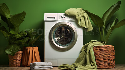 Washing or laundry machine against a green background. Eco friendly product concept