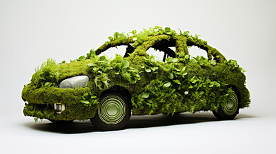 Vehicle or car covered in leaves. Green energy and sustainability concept on a white background