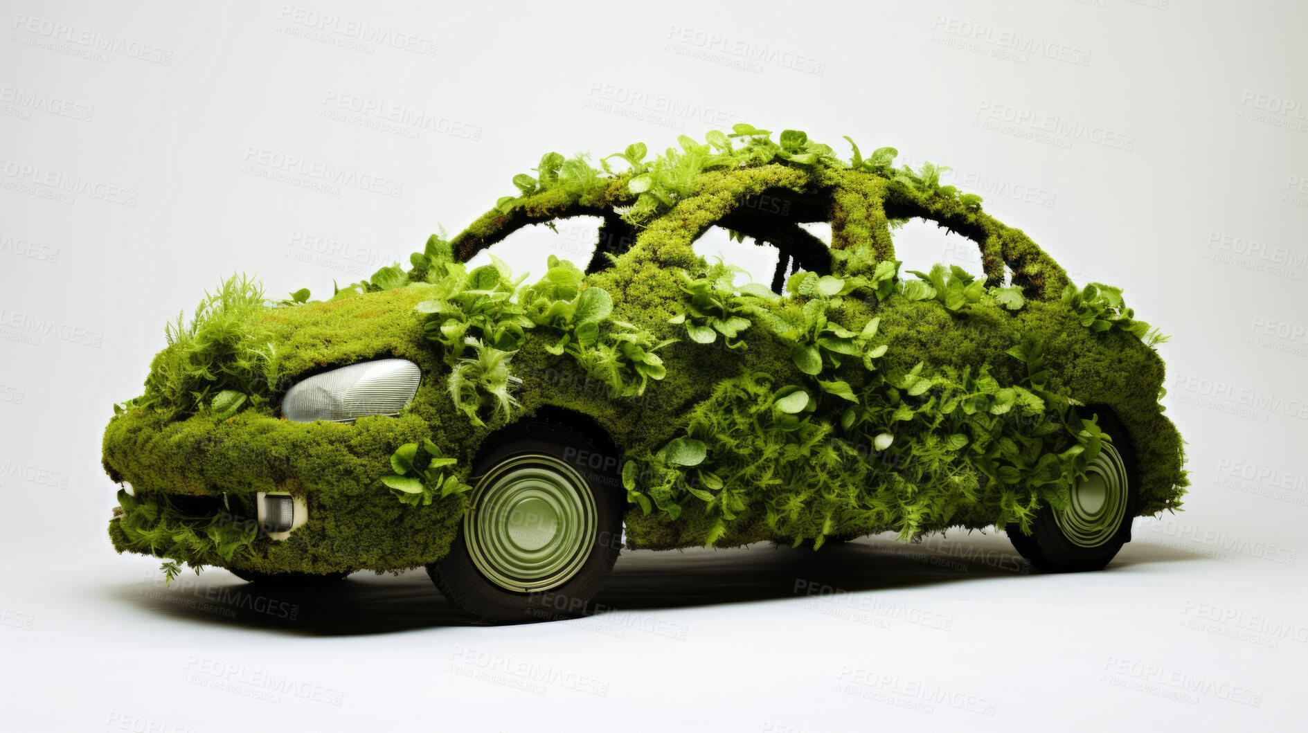 Buy stock photo Vehicle or car covered in leaves. Green energy and sustainability concept on a white background