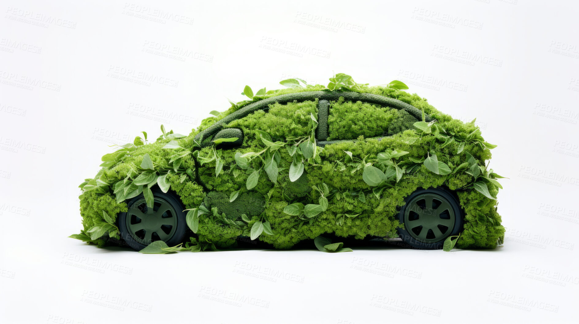 Buy stock photo Vehicle or car covered in leaves. Green energy and sustainability concept on a white background