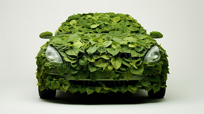 Buy stock photo Vehicle or car covered in leaves. Green energy and sustainability concept on a white background