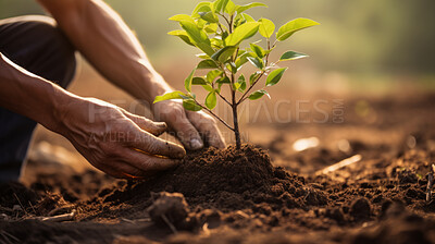 Buy stock photo Close-up of hand planting a tree. Environment concept for world earth day