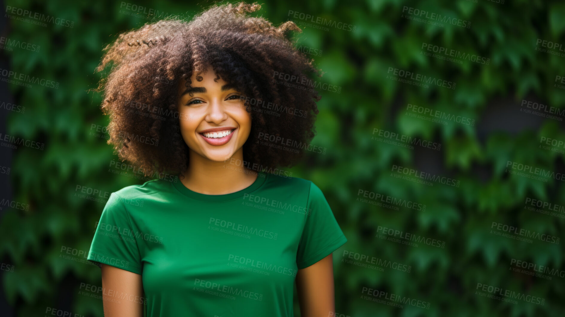 Buy stock photo Portrait of young happy female, wearing a green t-shirt against a plant wall for eco friendly