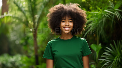 Buy stock photo Portrait of young happy female, wearing a green t-shirt against a plant wall for eco friendly