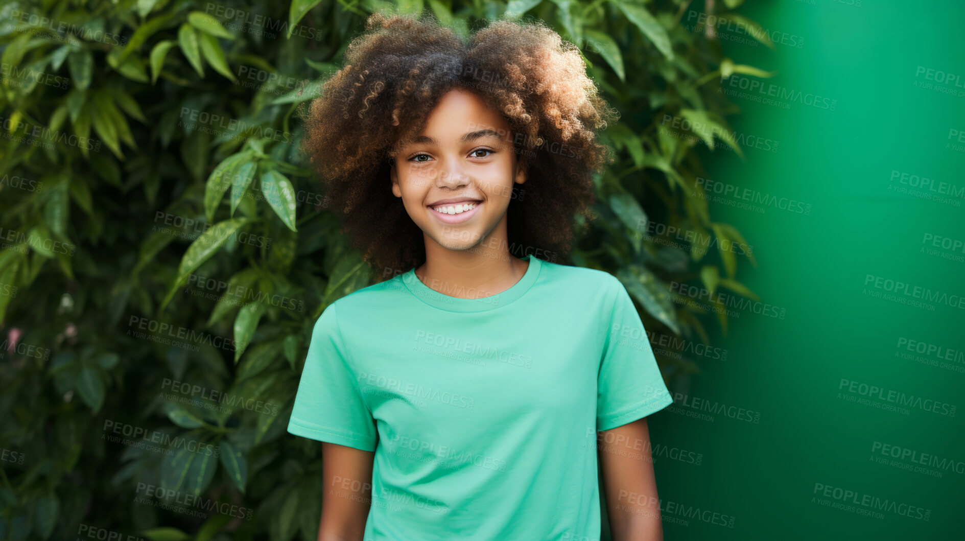 Buy stock photo Portrait of young happy female, wearing a green t-shirt against a plant wall for eco friendly