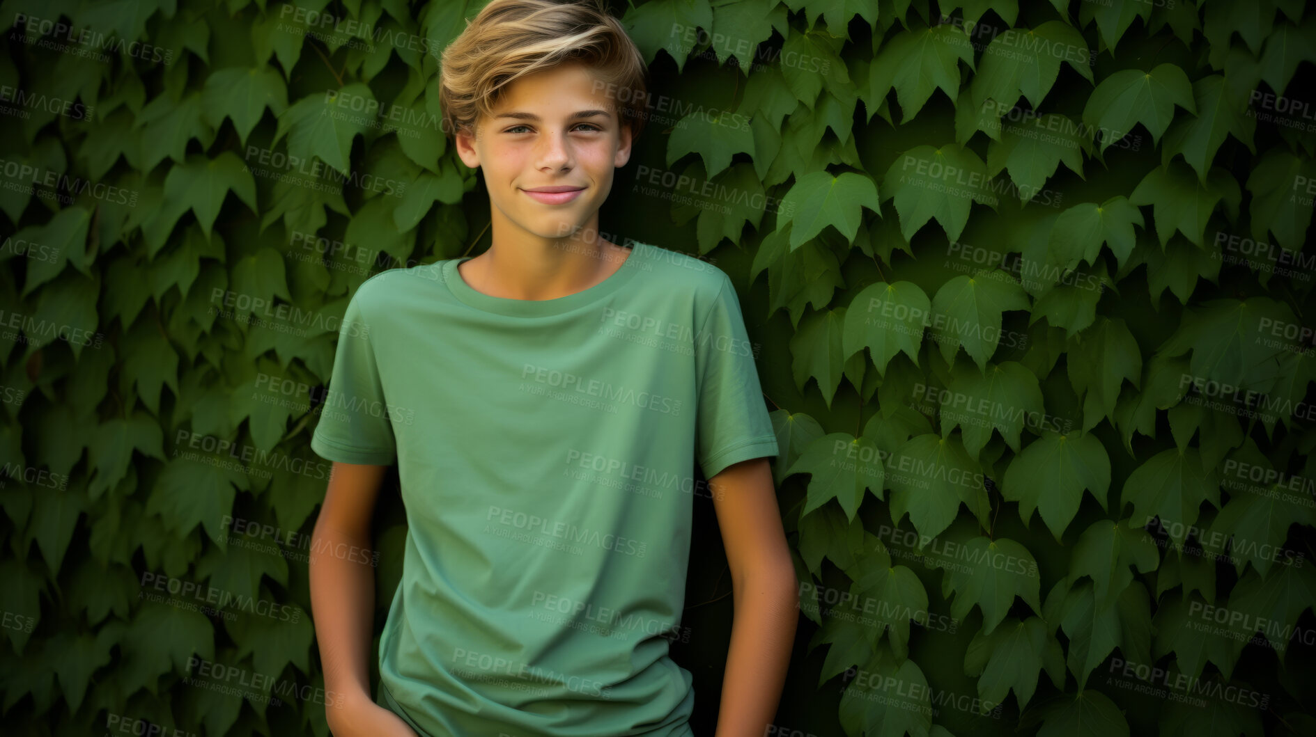 Buy stock photo Portrait of young male, wearing a green t-shirt against a plant wall for eco friendly concept