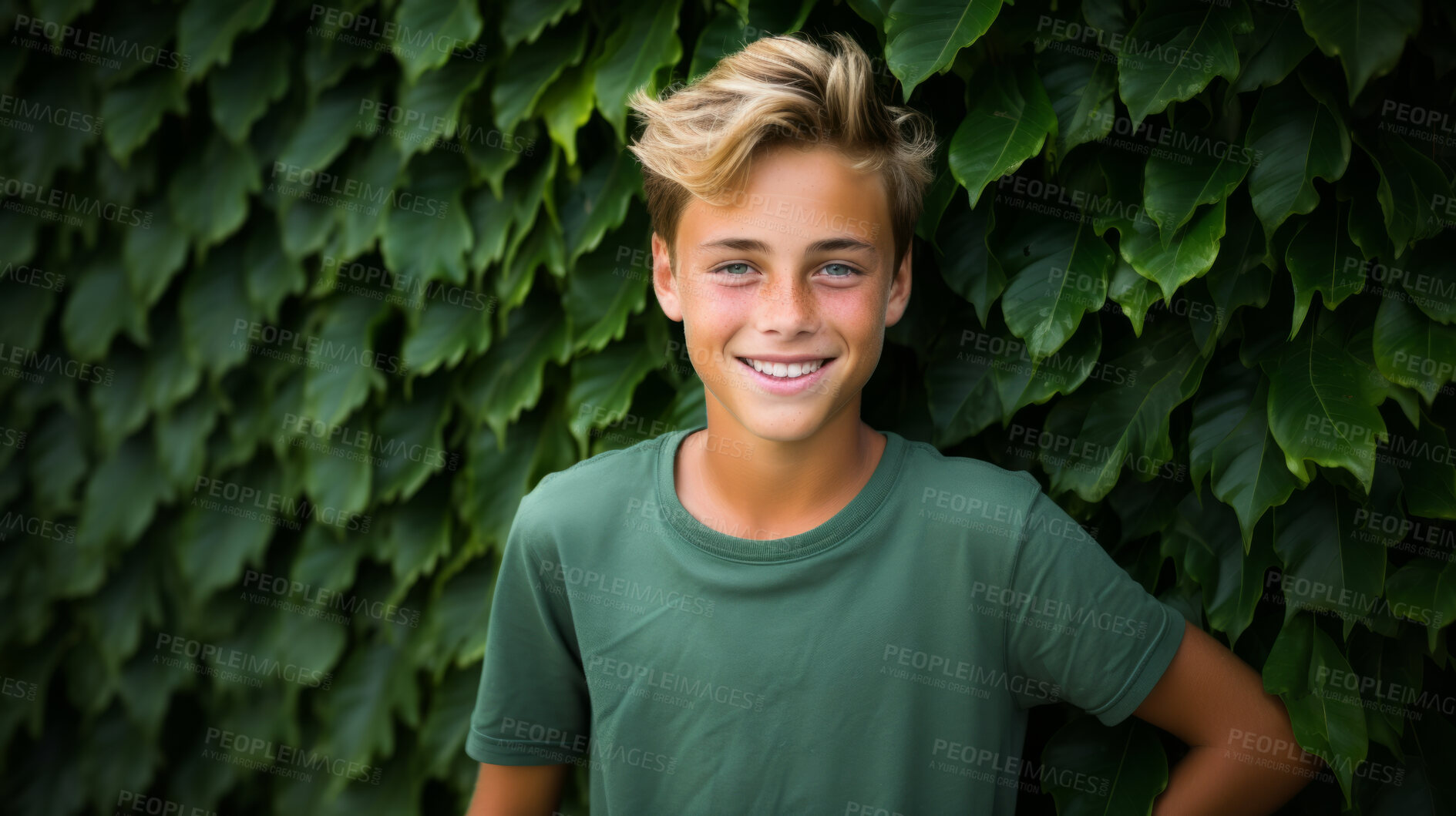 Buy stock photo Portrait of young male, wearing a green t-shirt against a plant wall for eco friendly concept