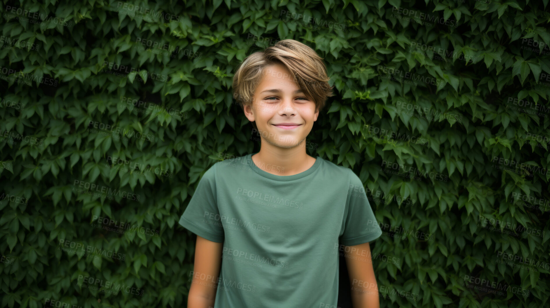 Buy stock photo Portrait of young male, wearing a green t-shirt against a plant wall for eco friendly concept