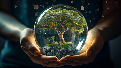 Hands holding a tree enclosed in glass ball. Environmental and sustainability concept