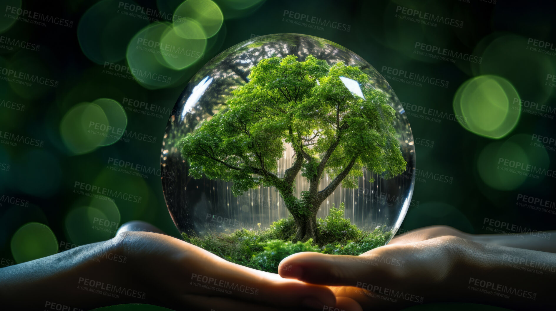 Buy stock photo Hands holding a tree enclosed in glass ball. Environmental and sustainability concept