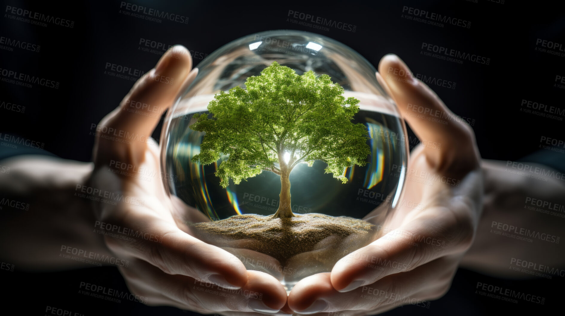 Buy stock photo Hands holding a tree enclosed in glass ball. Environmental and sustainability concept