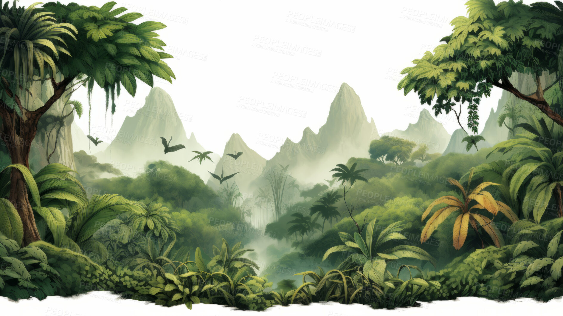 Buy stock photo Illustration or rainforest or jungle on a white background. Design element or background