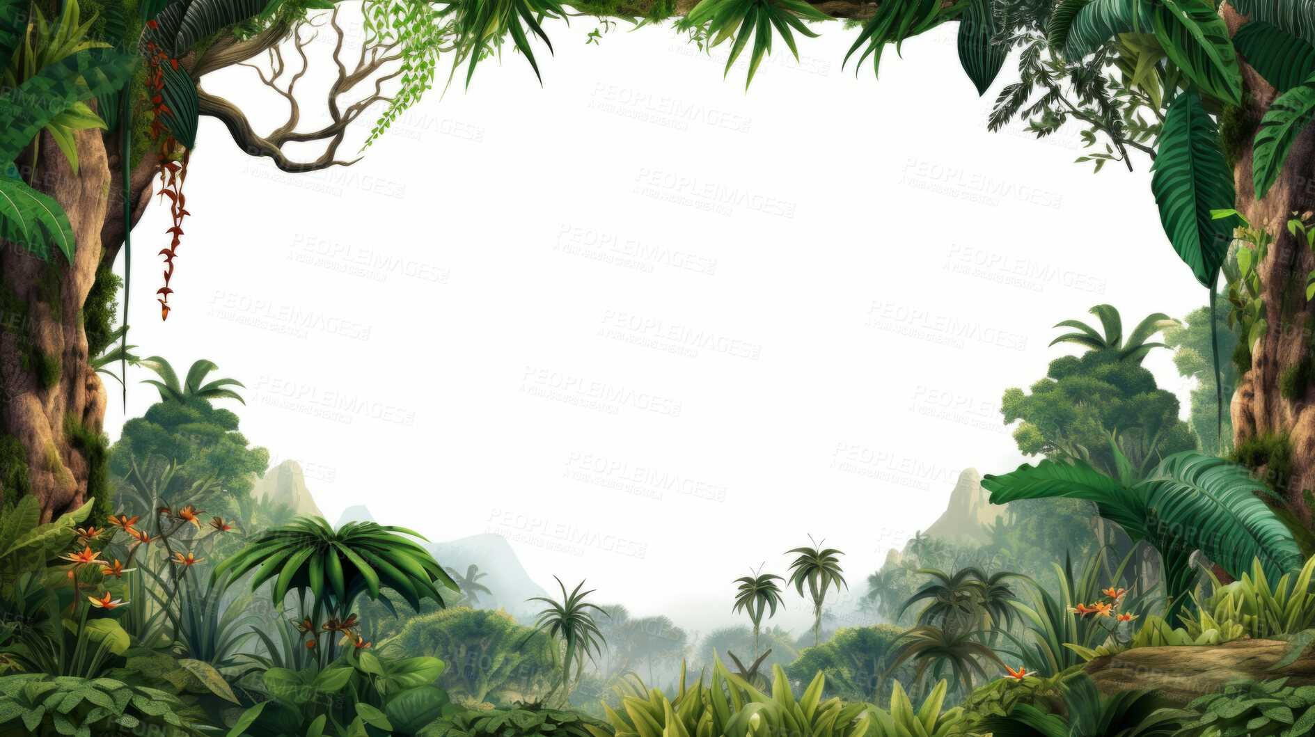 Buy stock photo Illustration or rainforest or jungle on a white background. Design element or background