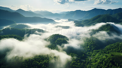 Buy stock photo Rainforest or jungle aerial view. Top view of a green forest with mist, for earth day concept