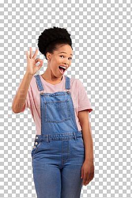Portrait, okay and hand gesture with an excited black woman in s