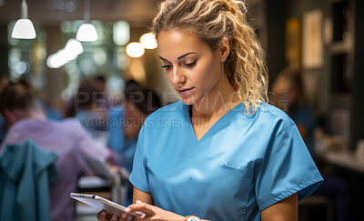 Buy stock photo Nurse checking smartphone in hospital hallway. Medical staff concept.