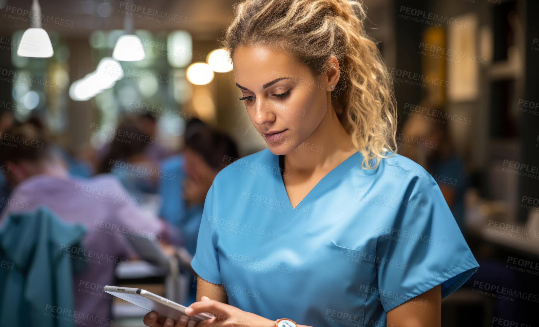 Buy stock photo Nurse checking smartphone in hospital hallway. Medical staff concept.