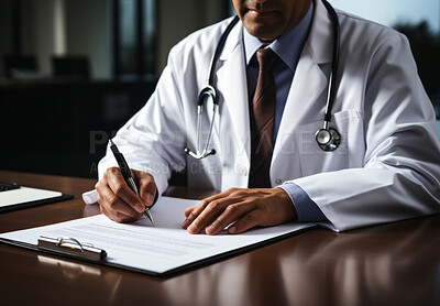Anonymous doctor sitting at desk. Doctor filling out form. Medical concept.