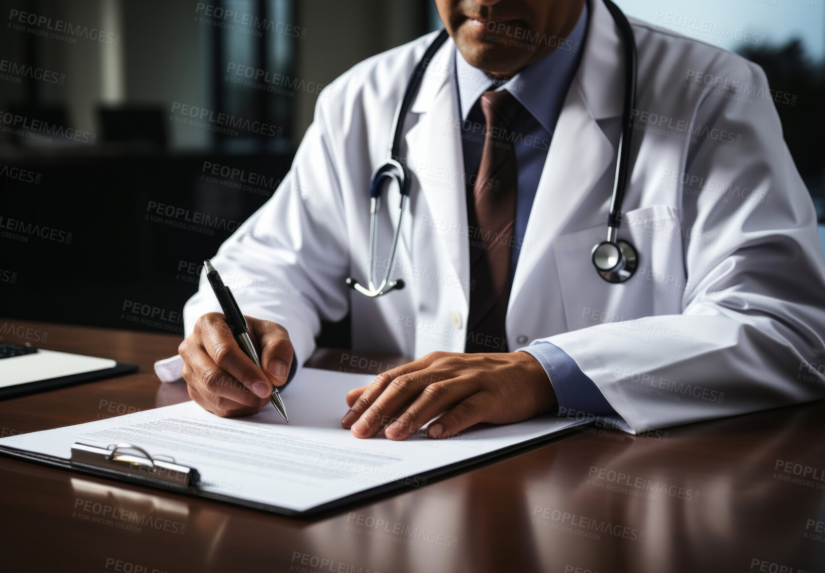 Buy stock photo Anonymous doctor sitting at desk. Doctor filling out form. Medical concept.