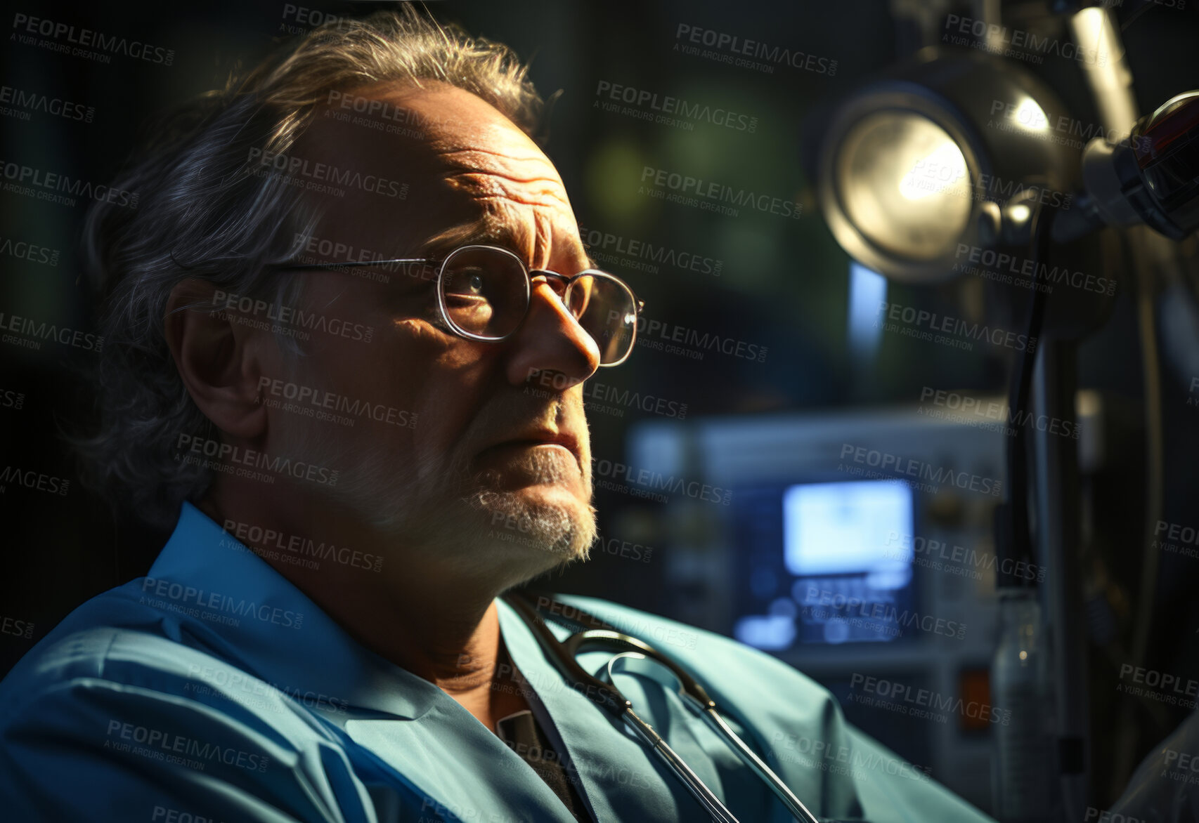 Buy stock photo Close-up dark, contrast shot of sad surgeon sitting in surgery . Medical concept.