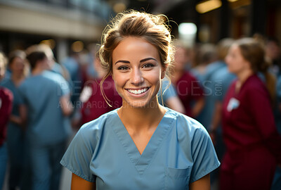 Buy stock photo Portrait of young nurse. Smiling at camera outside of hospital. Medical staff concept.