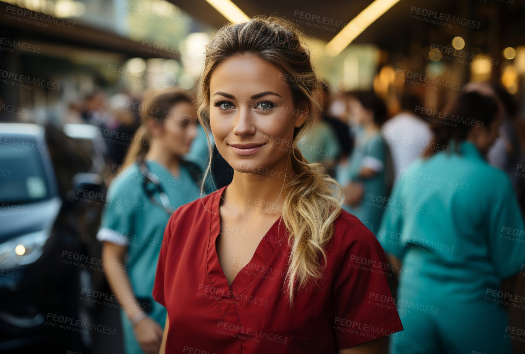 Buy stock photo Portrait of young nurse. Smiling at camera outside of hospital. Medical staff concept.