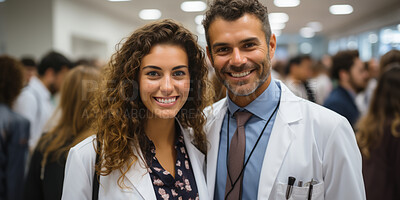 Buy stock photo Portrait of doctors. Smiling at camera inside of crowded hospital. Medical staff concept.
