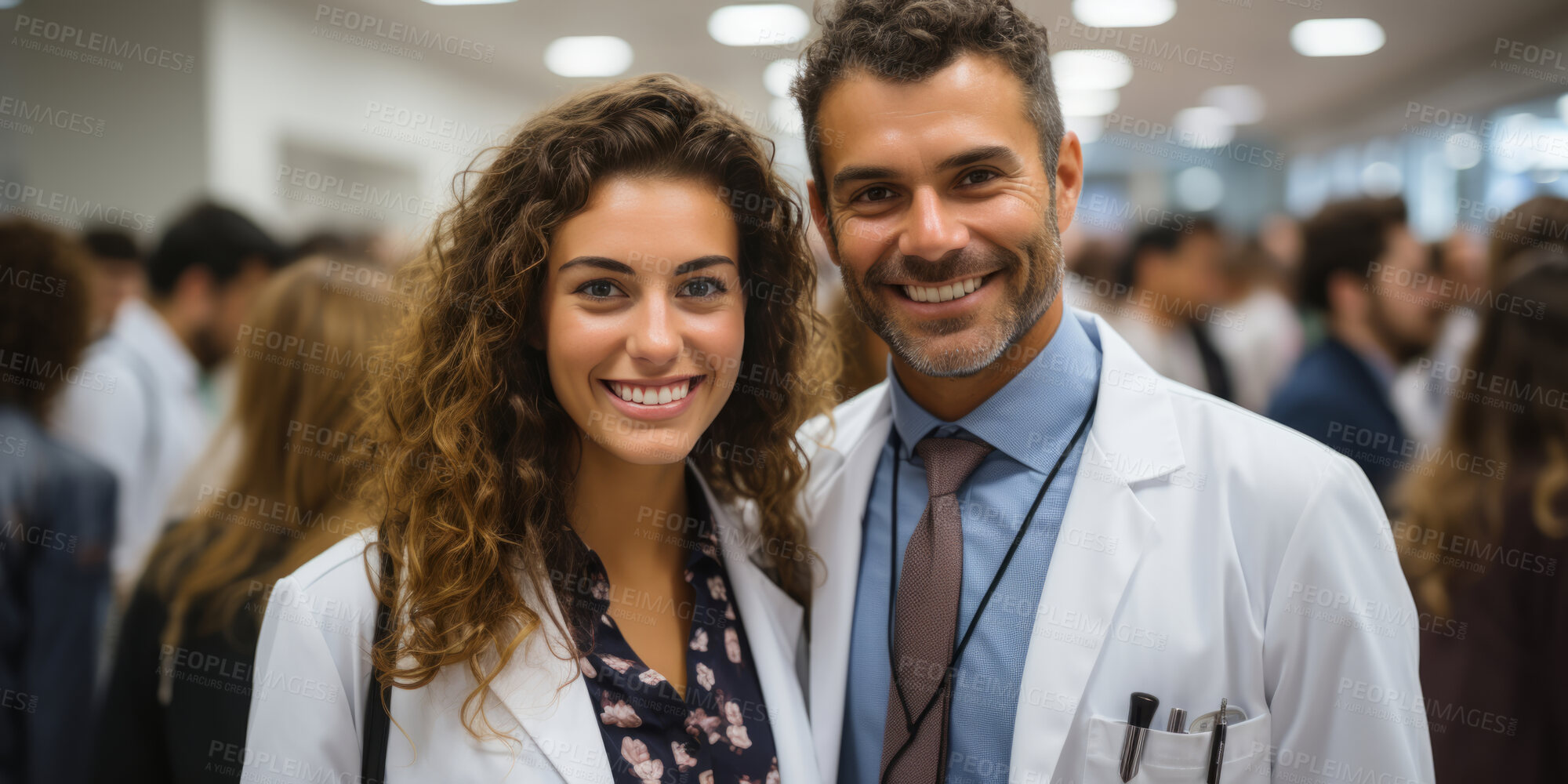 Buy stock photo Portrait of doctors. Smiling at camera inside of crowded hospital. Medical staff concept.