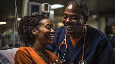 Buy stock photo Happy doctor at the bedside of smiling patient. Medical concept.